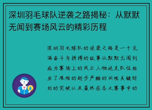 深圳羽毛球队逆袭之路揭秘：从默默无闻到赛场风云的精彩历程